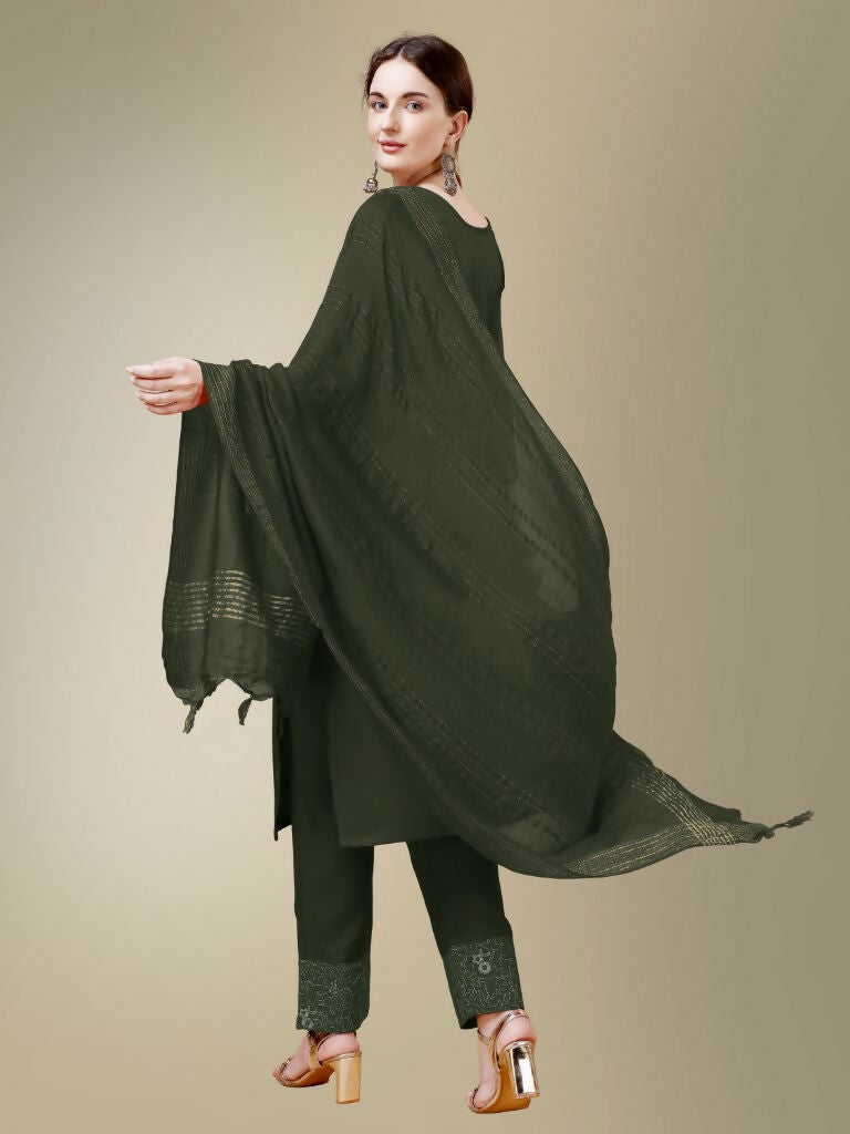 Women's Dark Green Embroidered Cotton Blend Straight Kurta Set