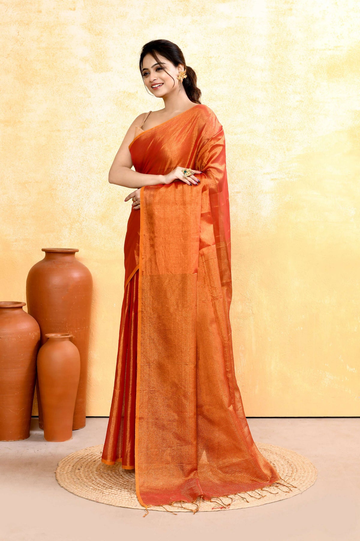 Rust Dual Tone Organic Tissue Saree with Blouse Piece