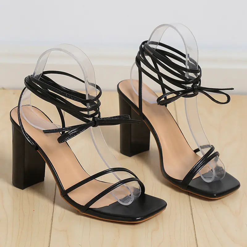 Women's Square Toe Strappy High Heels Lace Up Sandals - Image 28