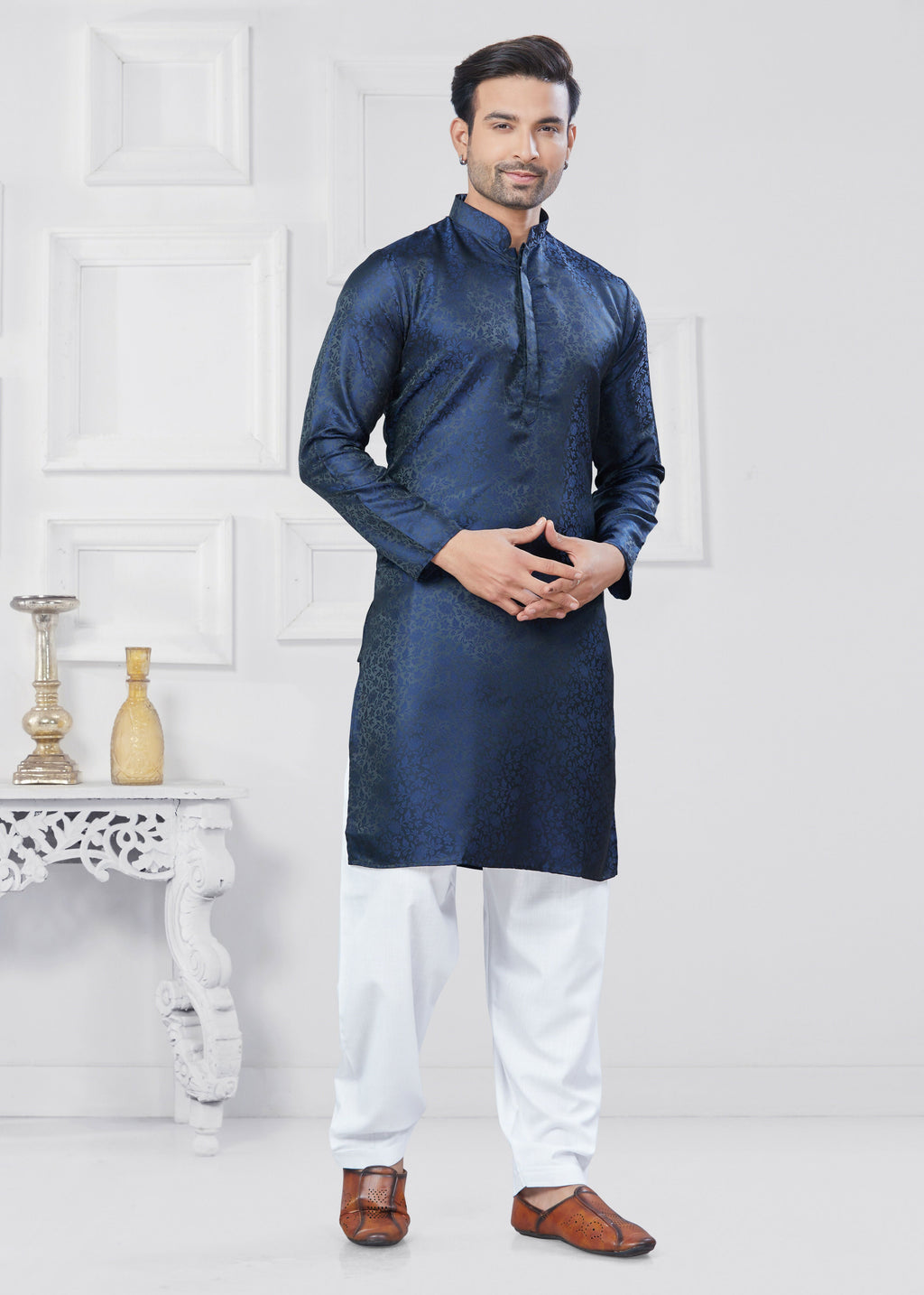 Navy Blue Jacquard Silk Kurta Pyjama Set for Boys