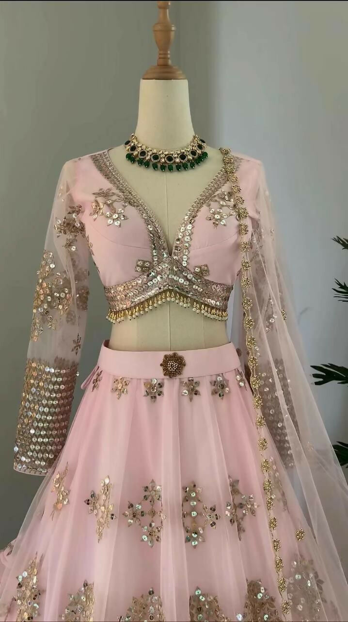 Baby Pink Butterfly Net Lehenga Choli with Sequins & Embroidery