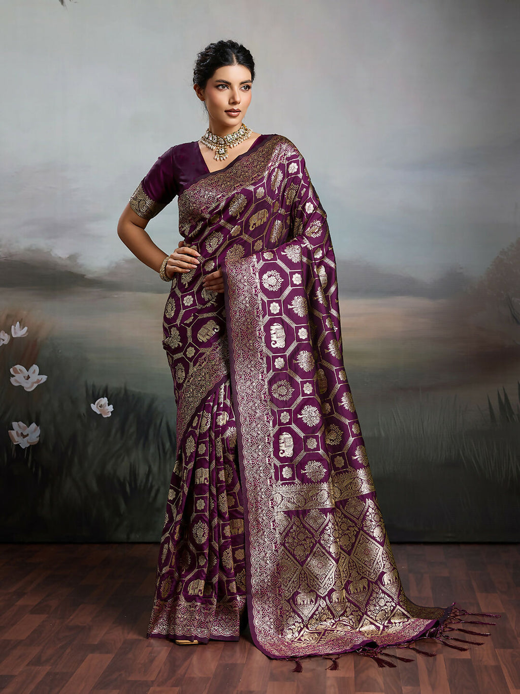Rich Wine color Silk Blend saree for formal occasions