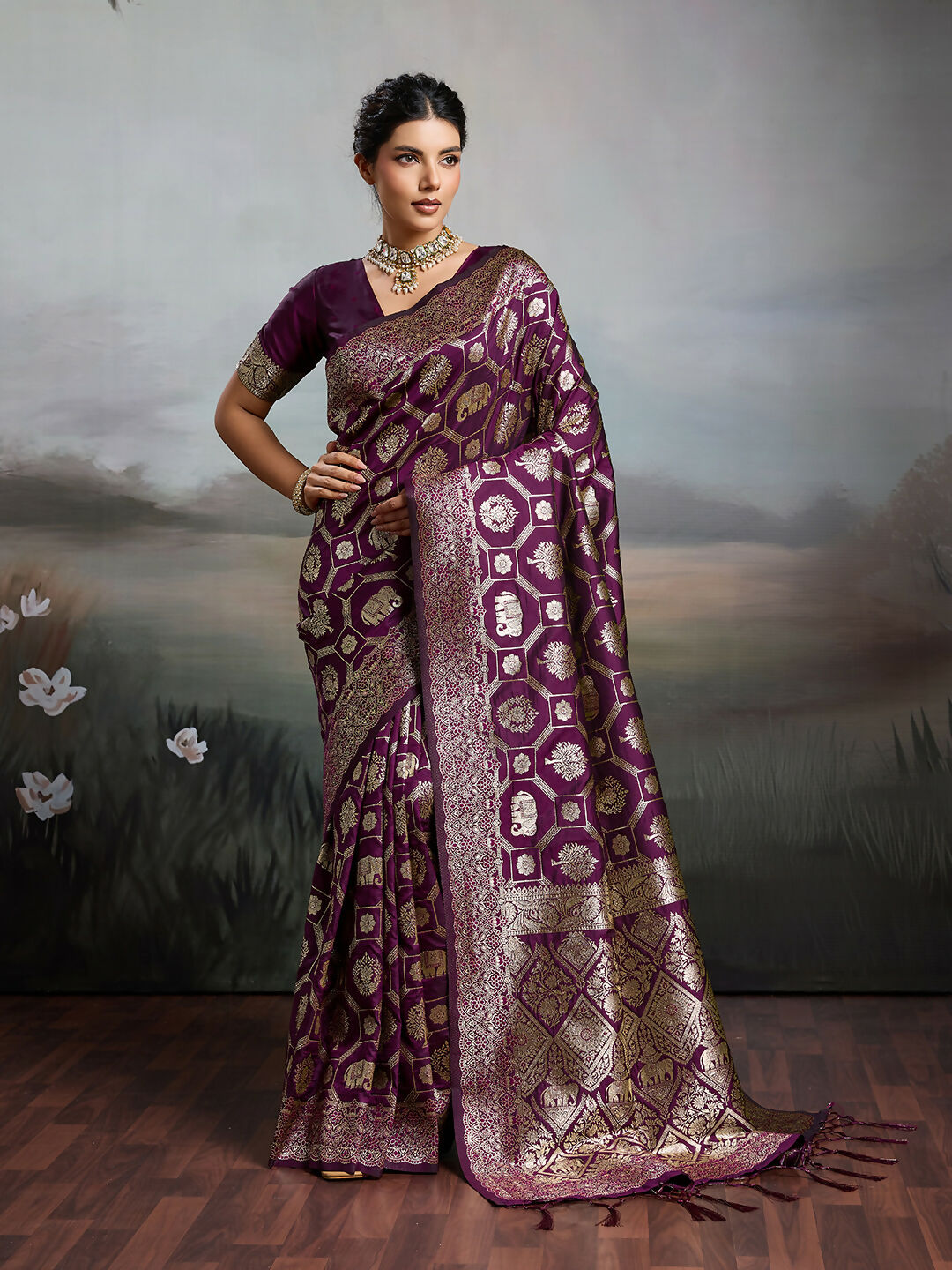 Rich Wine color Silk Blend saree for formal occasions