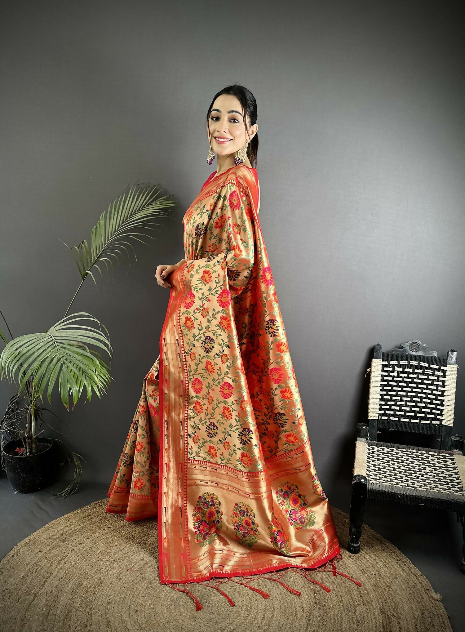 Light Orange Multi-Colored Floral Motif Soft Silk Paithani Saree