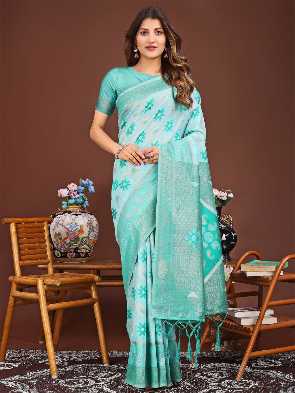 Sea Green Linen Cotton Saree with matching blouse piece, versatile ethnic drape