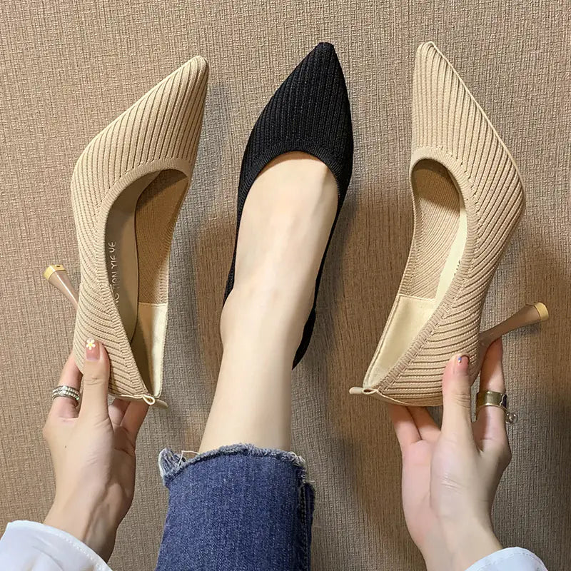 Women's Pointed Toe Knitted Heels in Beige and Black - Image 3