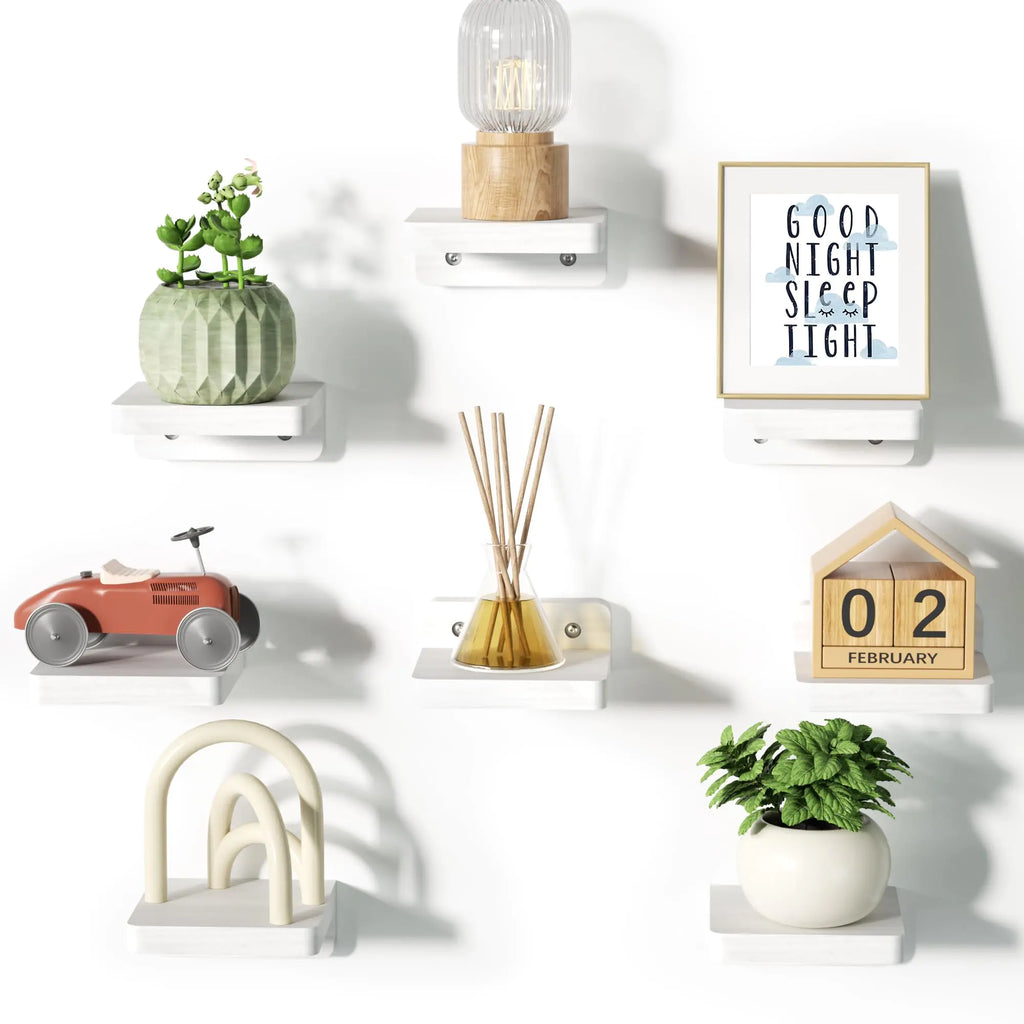 SRIWATANA Small Floating Shelves Wall Mounted 4 Inch Wood Shelf for Decoration and Storage Set of 8 Mini Display Shelf for Bedroom Bathroom Kitchen Office (White