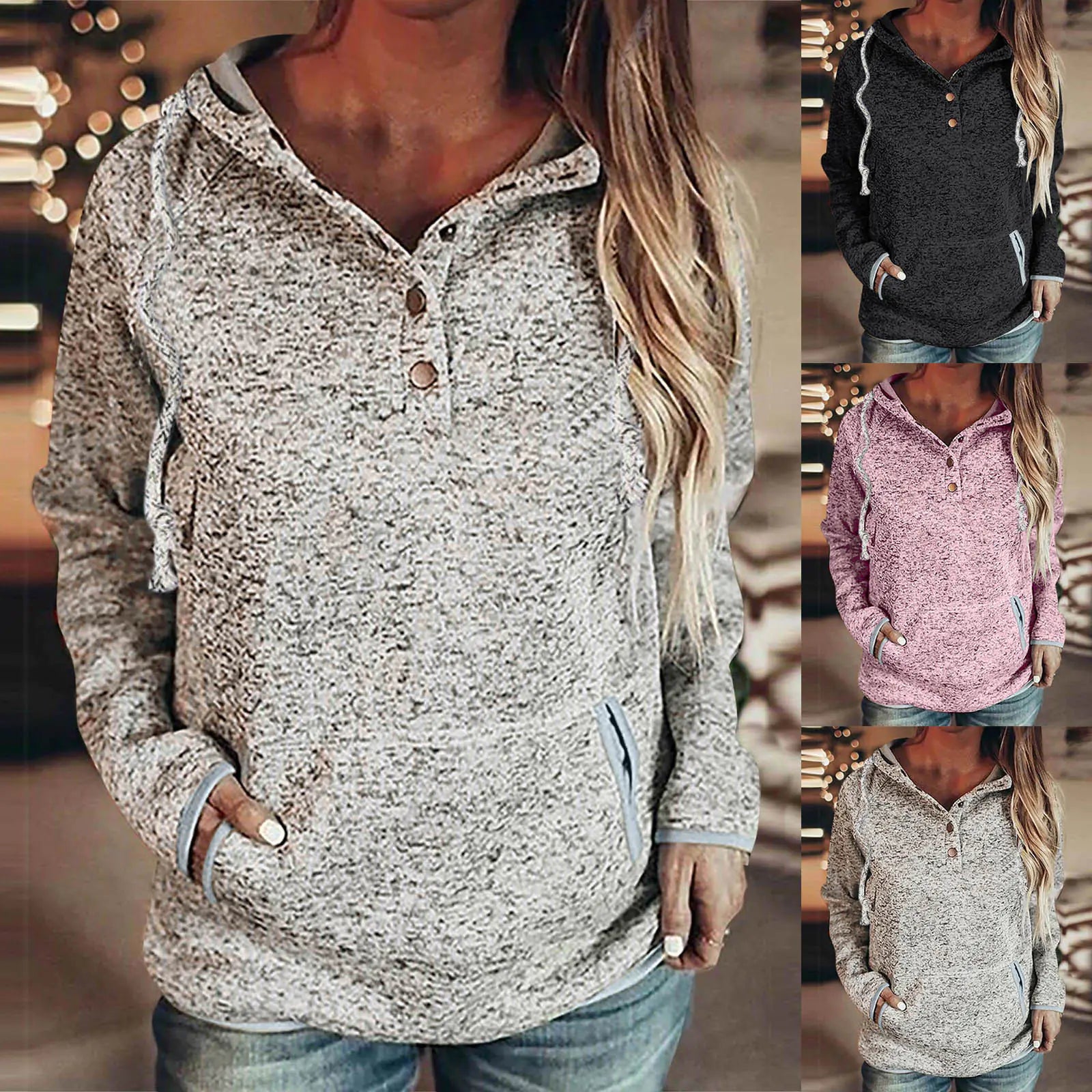 Women's Speckled Knit Hoodie with Button Placket and Pockets - Image 6