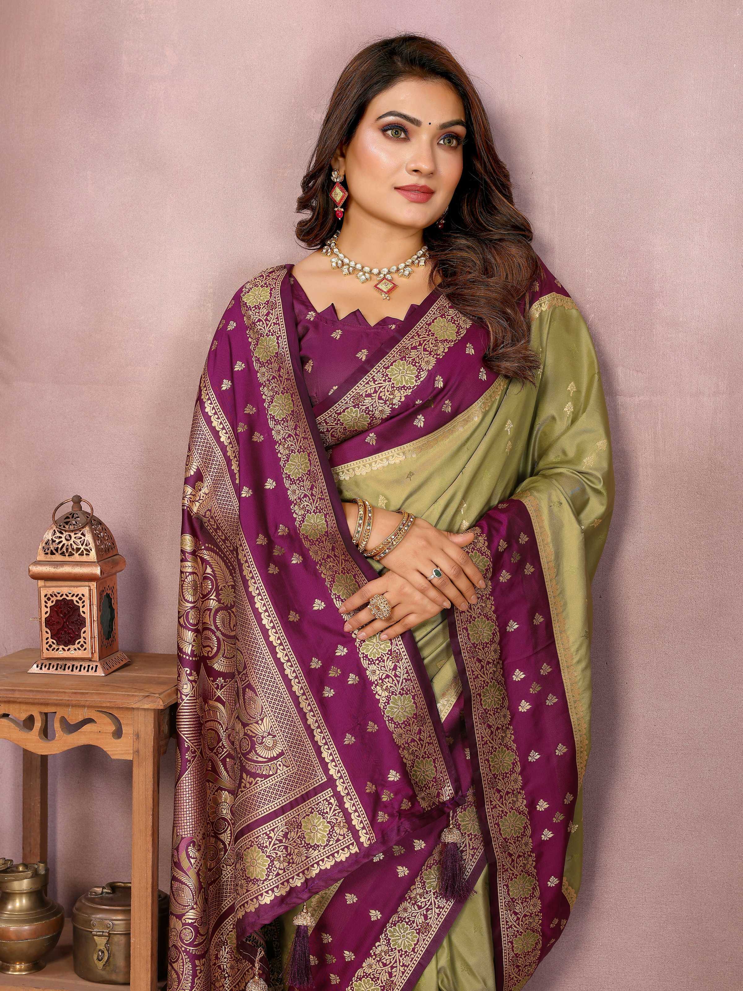 Mehndi Kalamkari Silk Zari Woven Saree with Traditional Motifs