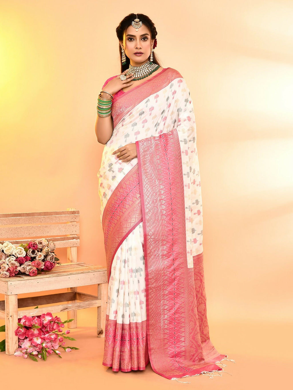 White and Rani Pink plain Banarasi silk saree with intricate weaving border