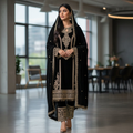 Black velvet readymade kurta set featuring elegant sequence embroidery.