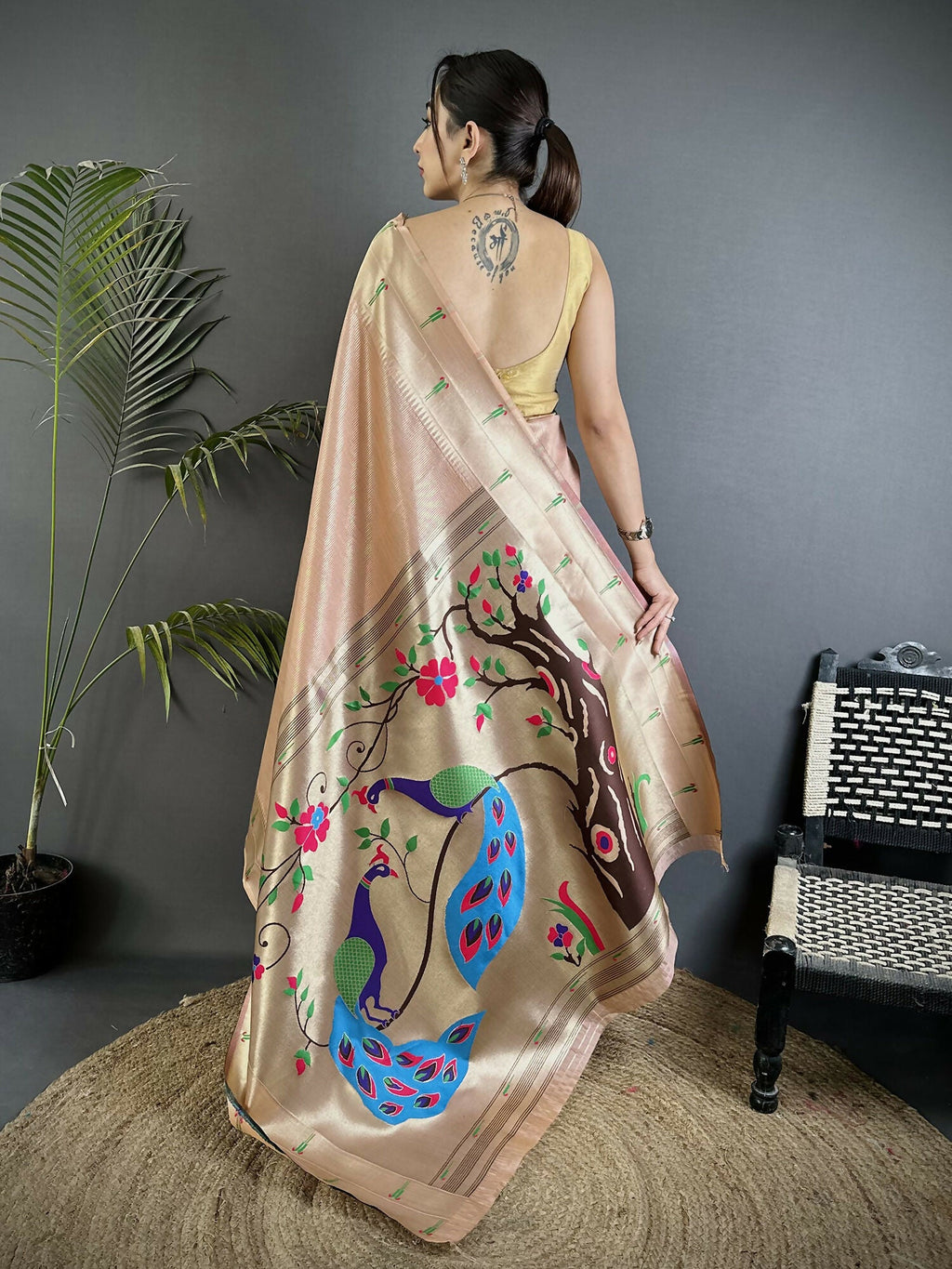 Joban Fashion Peach Peacock & Floral Motifs Tissue Paithani Saree