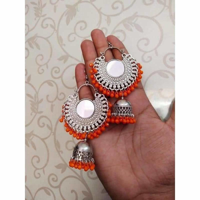 Orange colored alloy jhumka chandbali earrings with mirror hanging details
