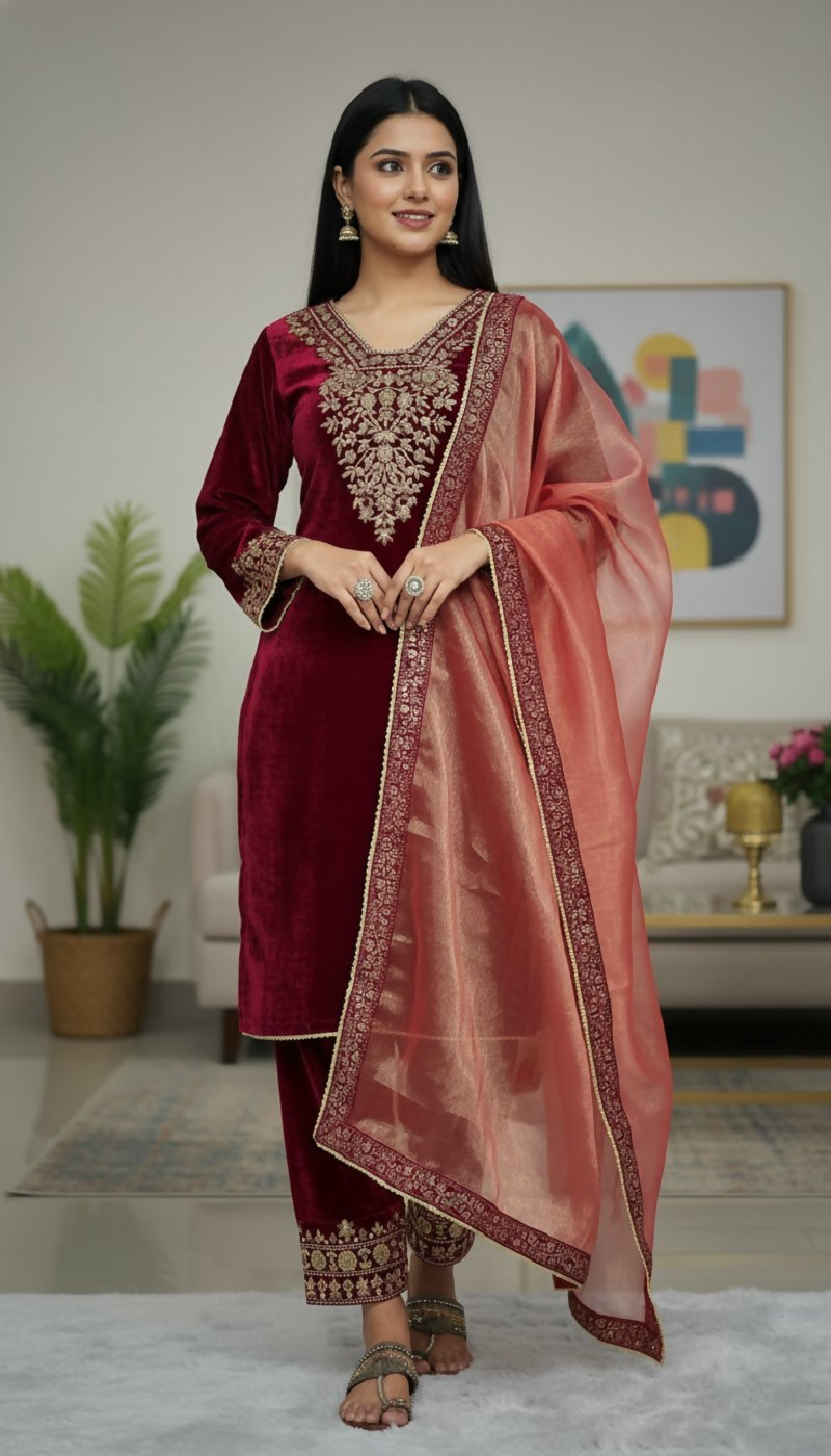 Model wearing a Maroon Velvet Kurta Set with intricate embroidery and sequence work