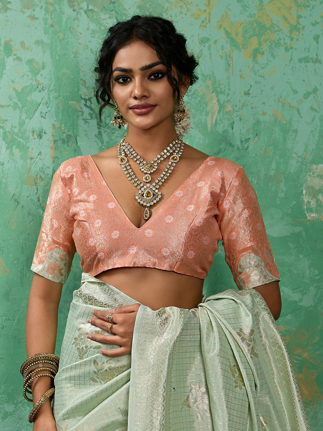 Rama Green Linen Cotton Saree with Matching Blouse
