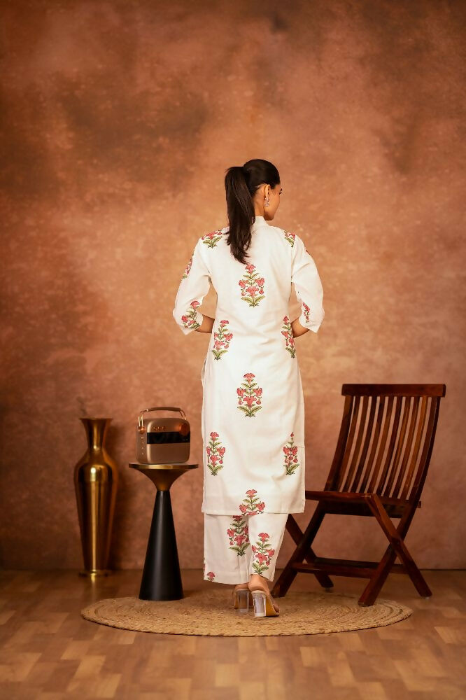 Off White and Pink Hand Block Printed Cotton Suit Set