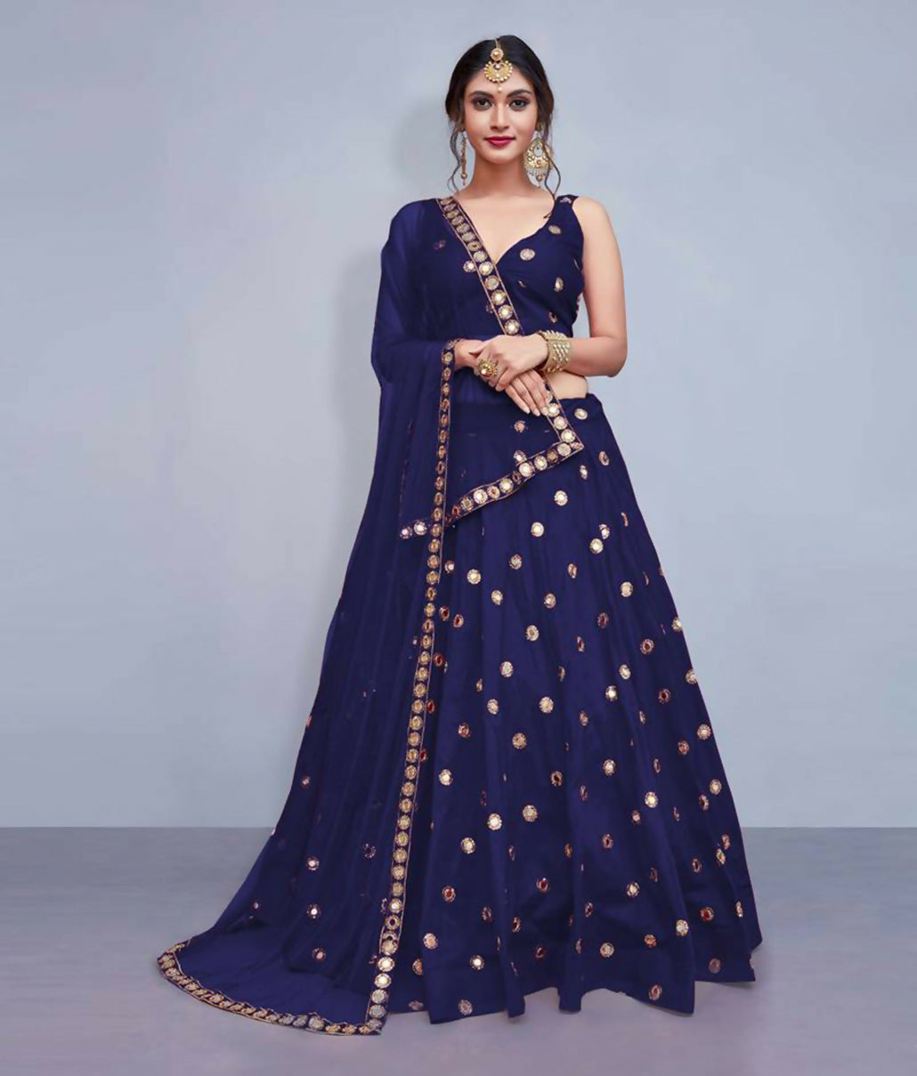 Navy Blue Art Silk Lehenga Choli with real mirror work and sequins