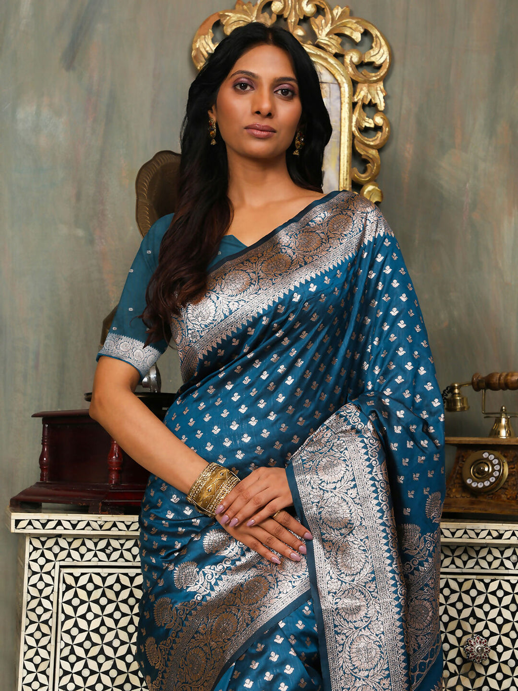 Royal Blue Banarasi Silk Saree with Matching Blouse Piece
