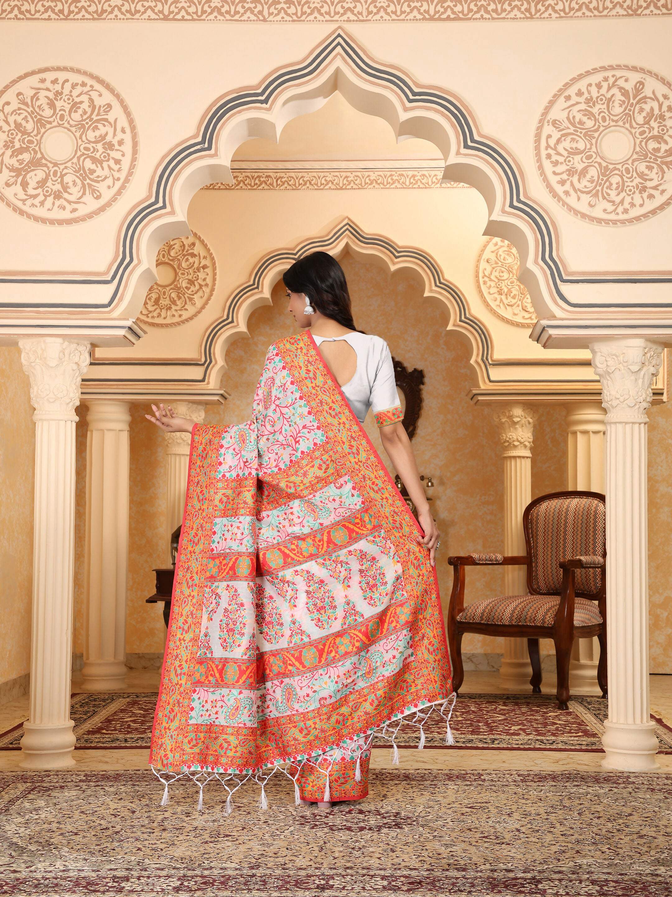 Multicolour Linen Cotton Woven Saree in White Orange and Teal