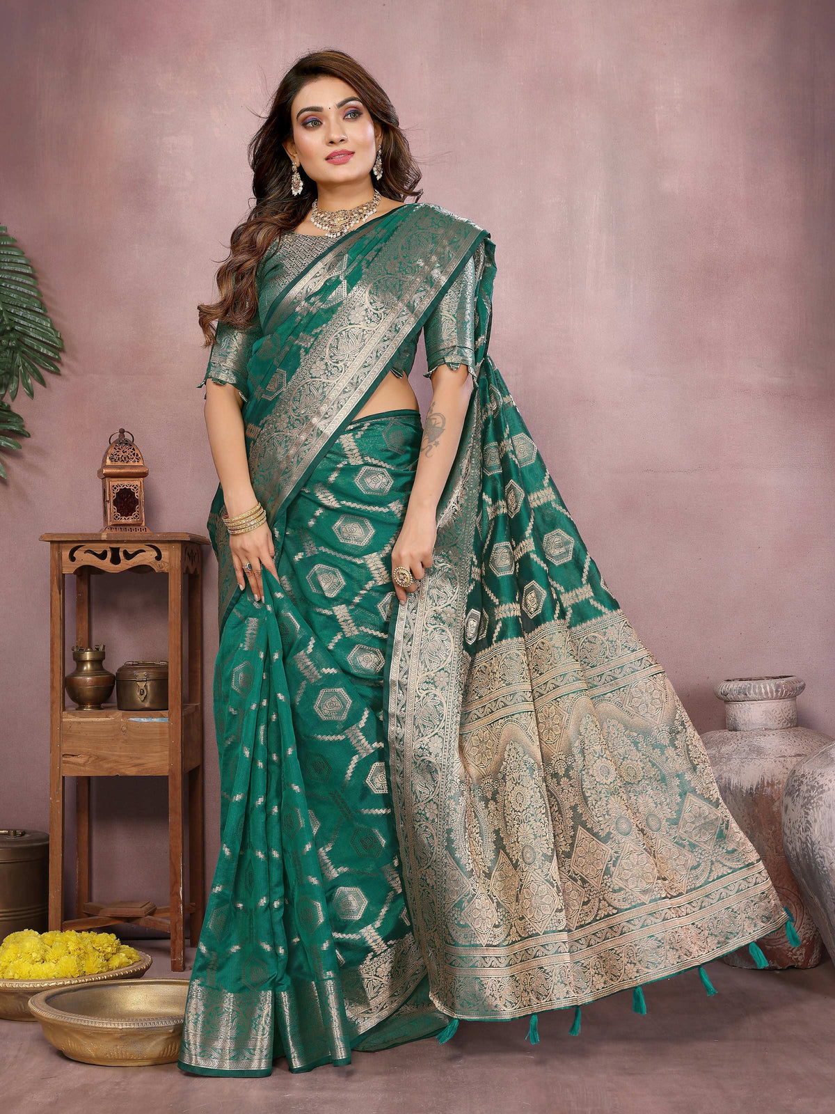 Light Green Soft Organza Silk Saree with Woven Details