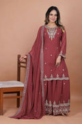 Maroon Georgette Embroidered Sharara Set with flared silhouette