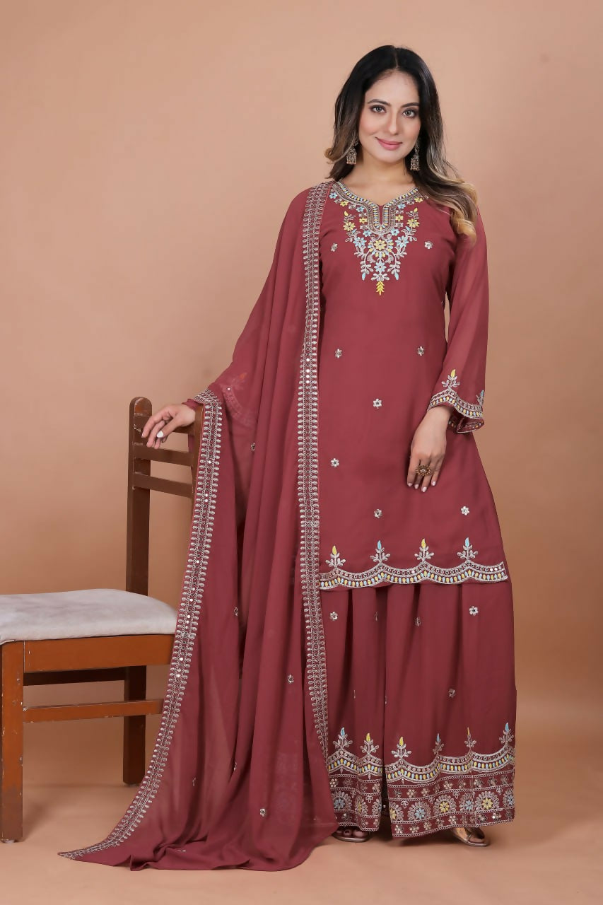Maroon Georgette Embroidered Sharara Set with flared silhouette
