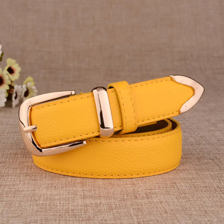 Close-up view of a yellow and red casual women's faux leather belt featuring a polished gold-tone alloy buckle.
