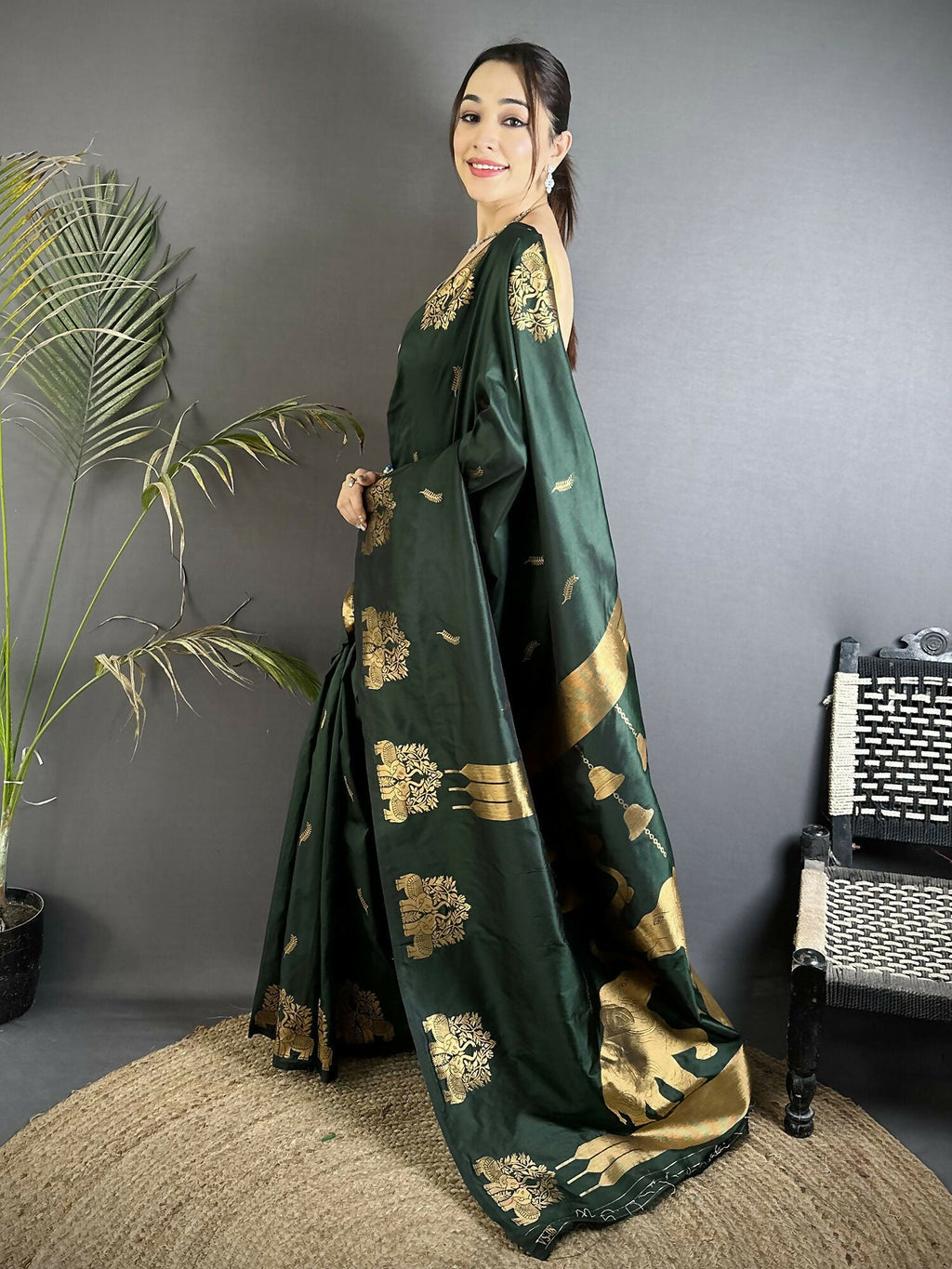 Bottle Green Soft Silk Banarasi Saree with Intricate Zari Weaving