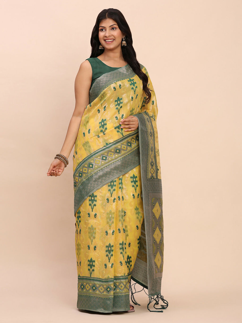 Yellow Linen Cotton Saree with Contrast Green Blouse