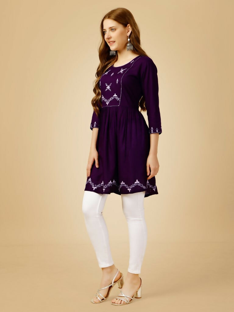 Women's Purple Viscose Rayon Embroidered Casual Top