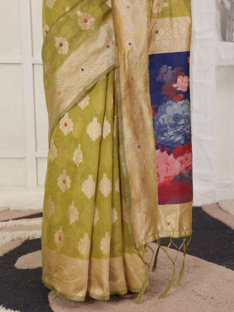Mhendi Green Linen Cotton Saree with Matching Blouse Piece