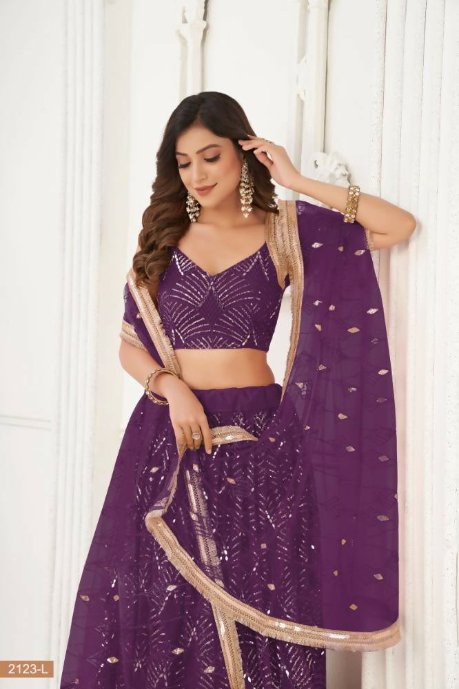 Wine Butterfly Net Lehenga with Mirror and Sequence Embroidery