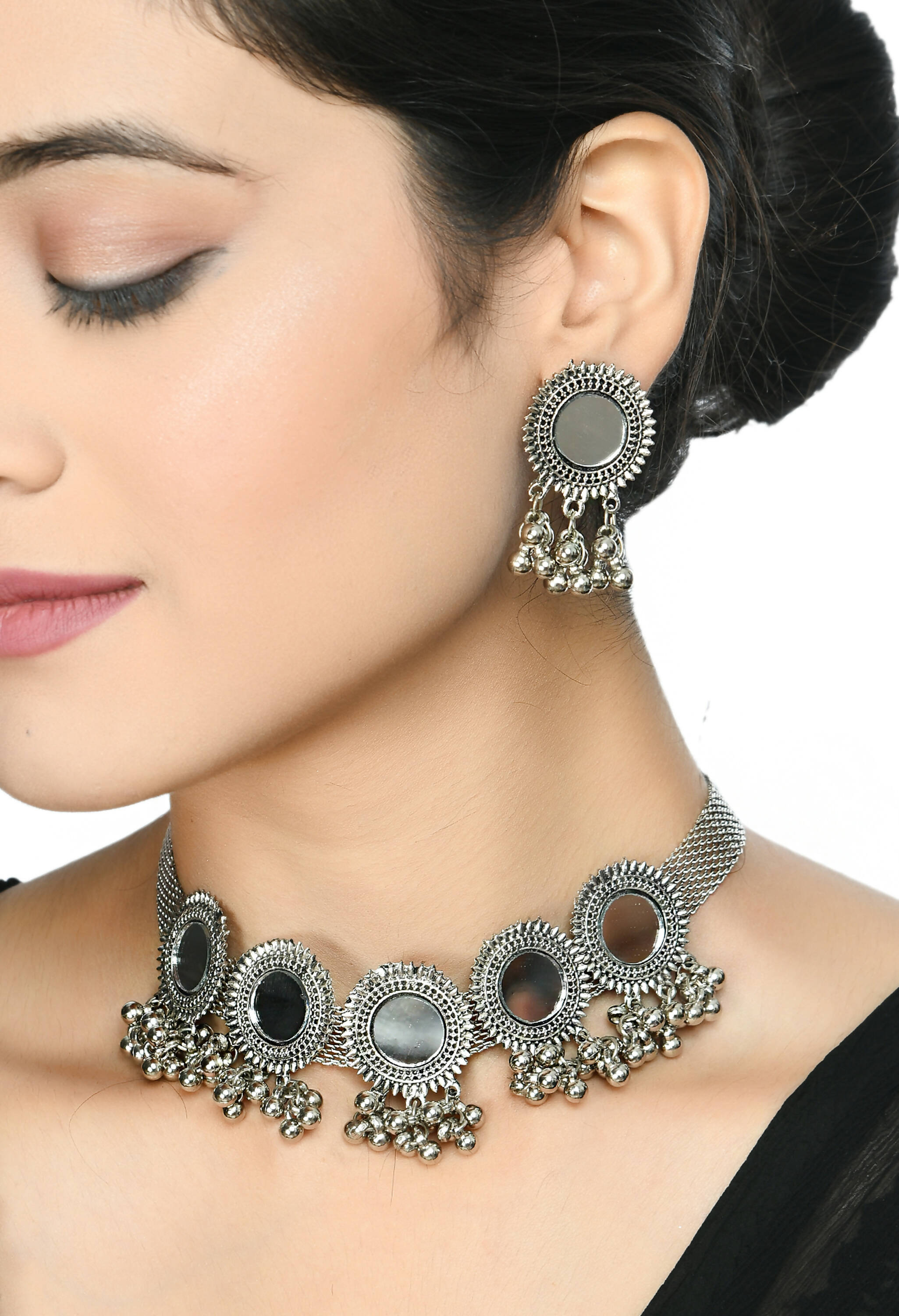 Silver-Plated Brass Mirror Work Ethnic Choker Necklace