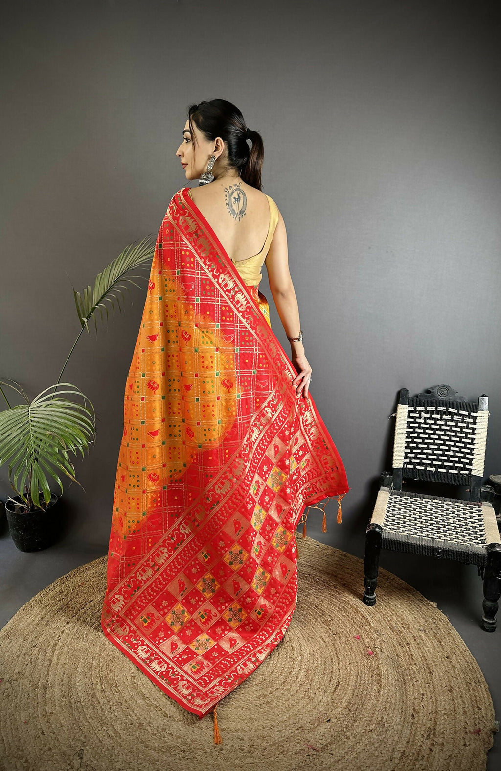 Yellow and Red Geometric Pattern Soft Silk Patola Saree