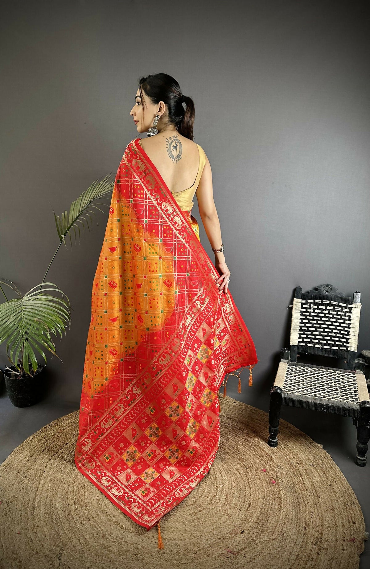 Yellow and Red Geometric Pattern Soft Silk Patola Saree