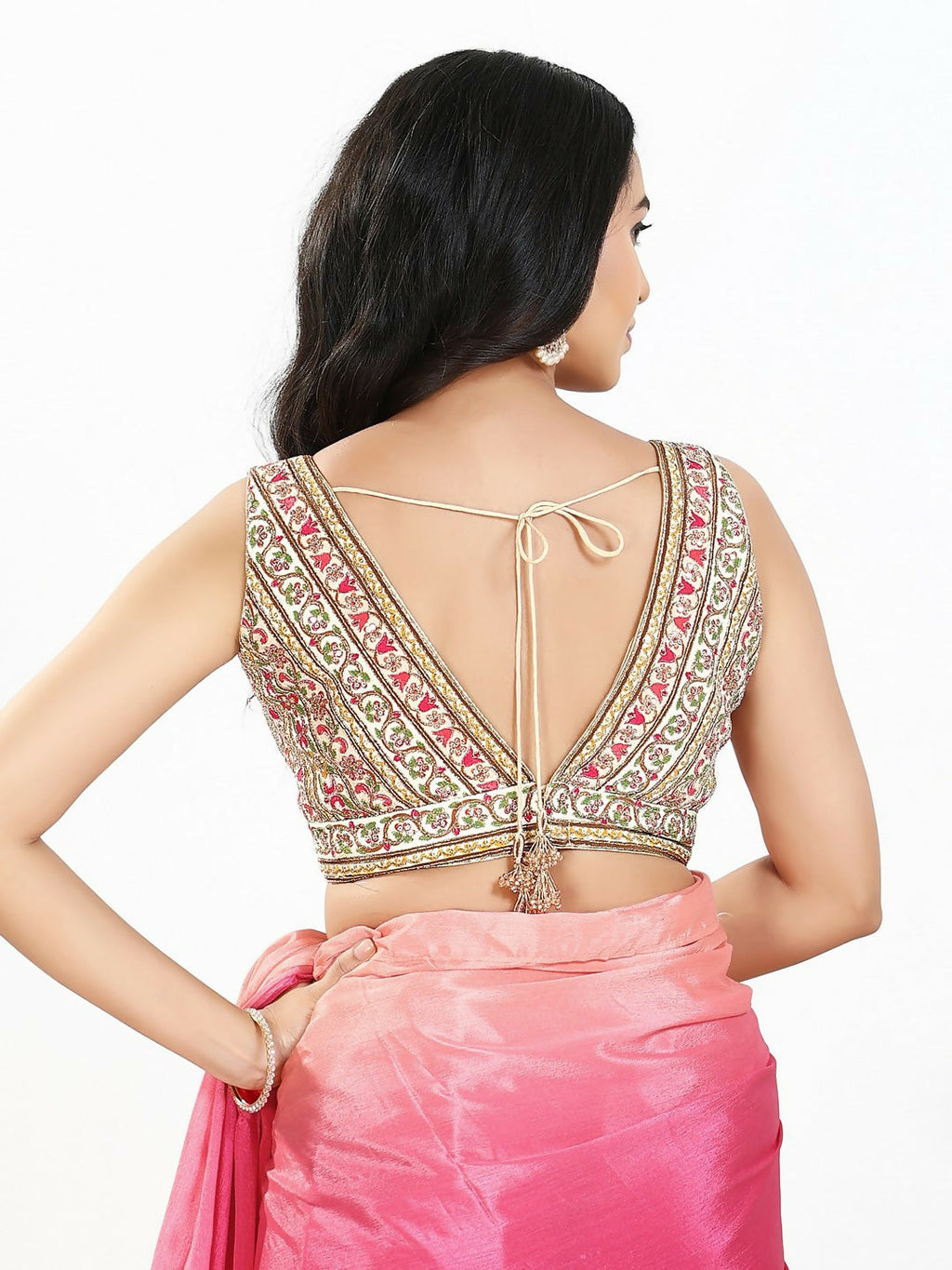 Cream Multi Georgette V-Neck Sleeveless Padded Blouse