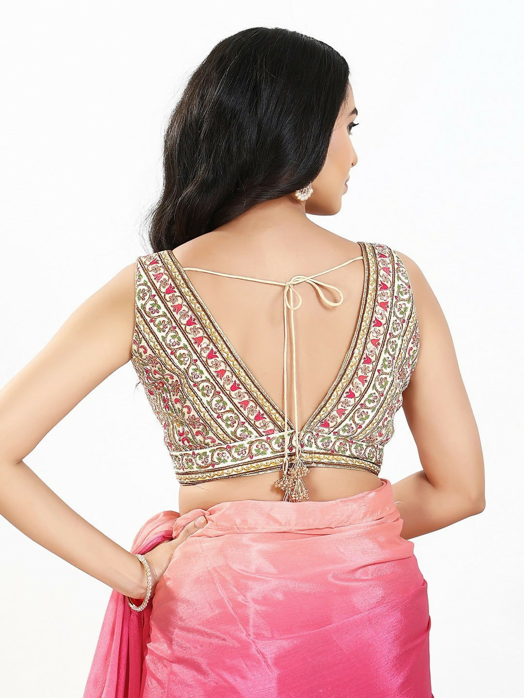 Cream Multi Georgette V-Neck Sleeveless Padded Blouse