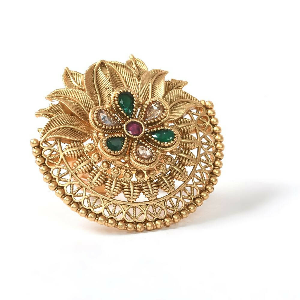 Joharkamal Gold-Polished Adjustable Stone Studded Statement Ring