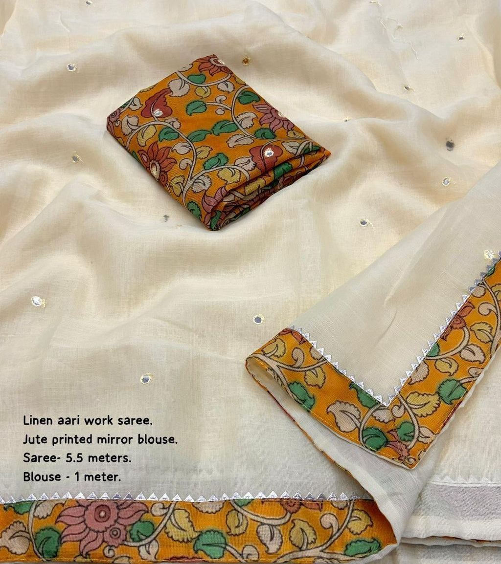 Yellow Pure Linen Saree with Aari Mirror Work and Jute Blouse