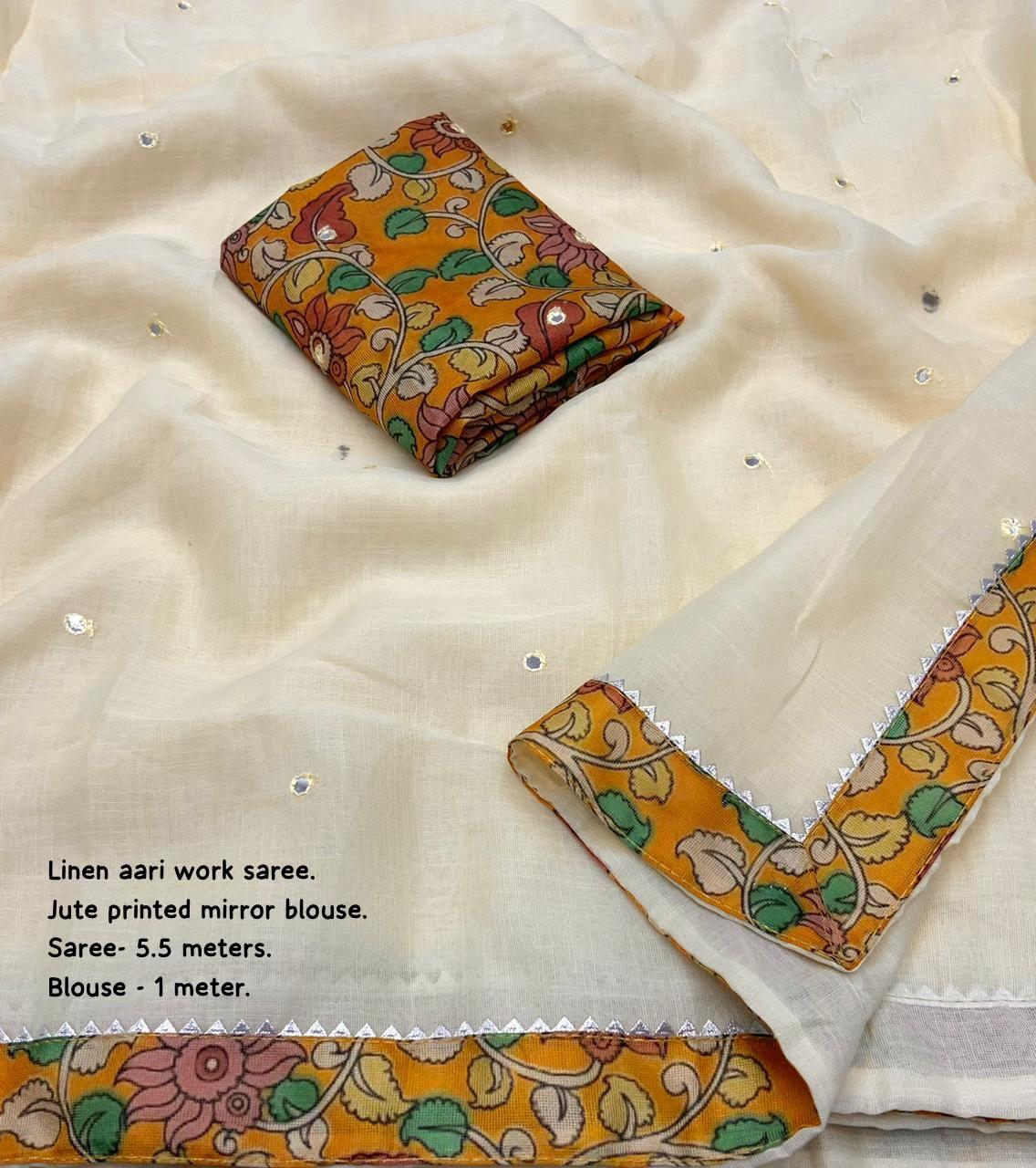 Yellow Pure Linen Saree with Aari Mirror Work and Jute Blouse