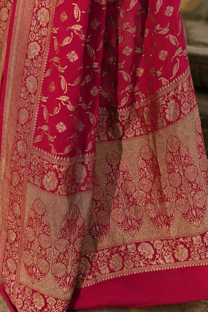 Hot Pink Crepe Chiffon Banarasi Handloom Silk Saree