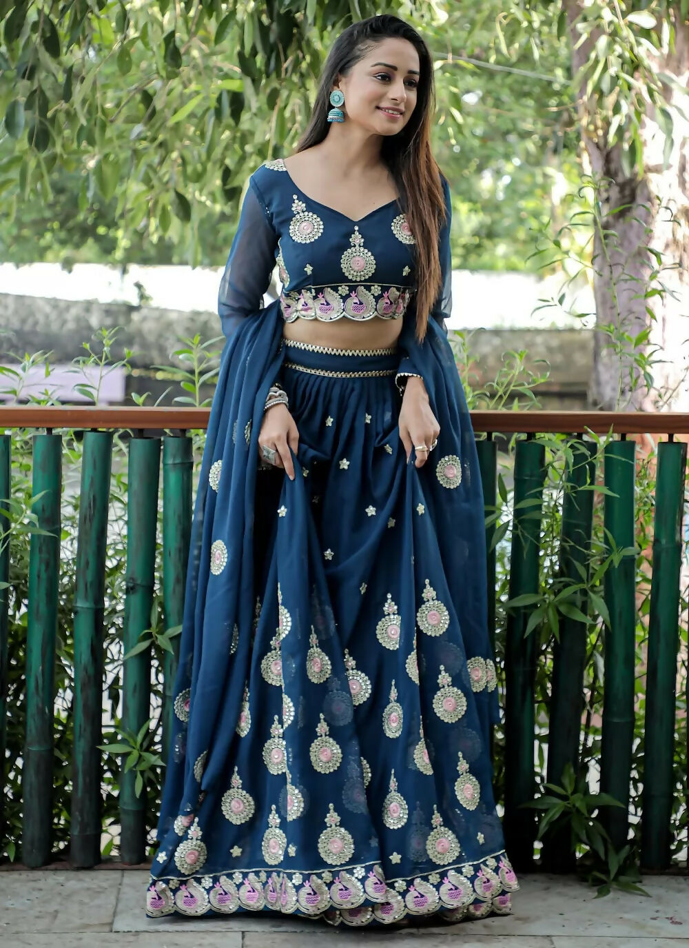 Blue Georgette Sequins and Zari Embroidered Lehenga Choli Set