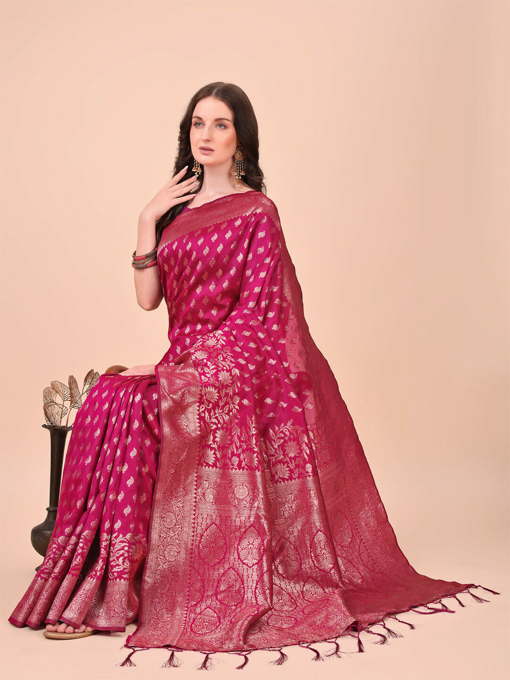 Magenta Lichi Silk Saree with Matching Blouse