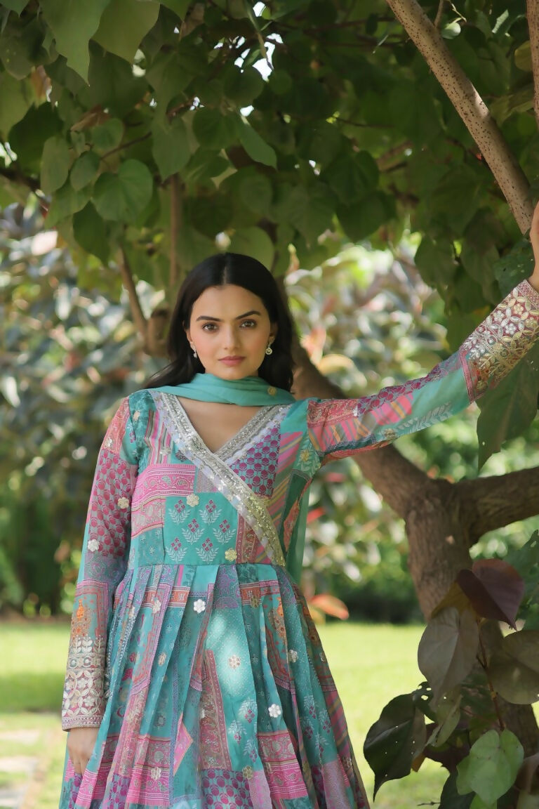 Sky Blue Russian Silk Anarkali Dress with Digital Print & Embroidery