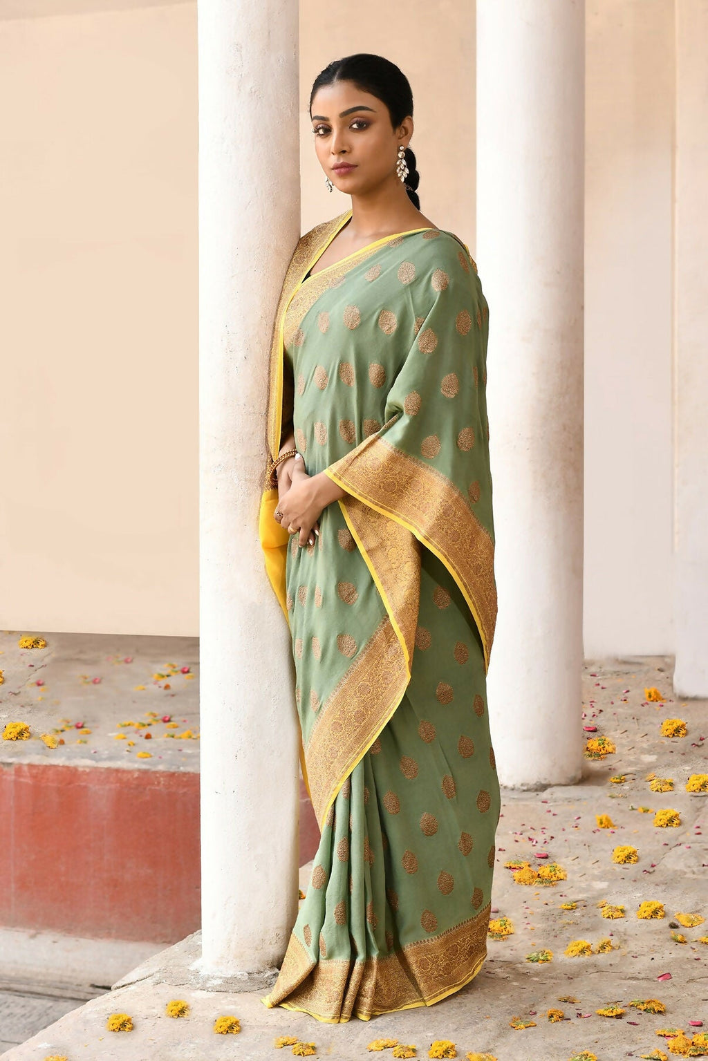 Grass Green Crepe Chiffon Handloom Banarasi Silk Saree