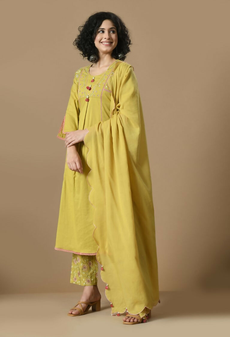 Mehendi Cotton Kurta Set with Organza Dupatta - 3-Piece Set