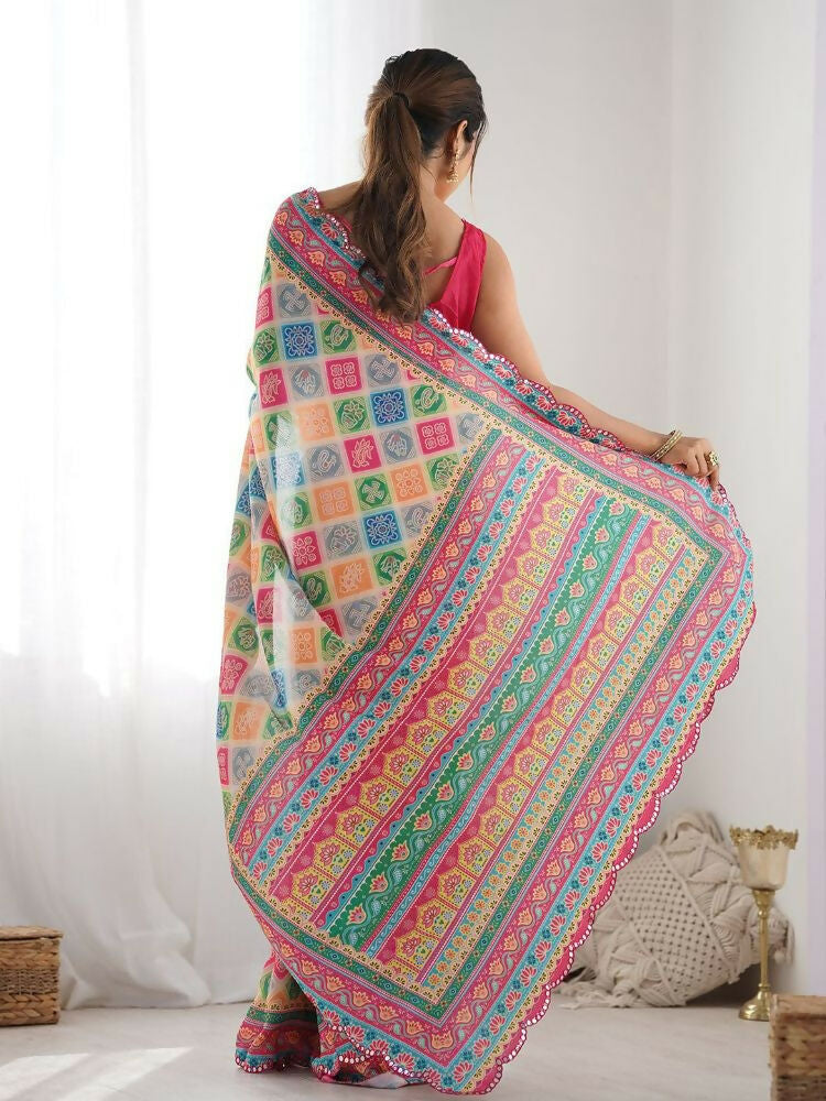 Multi-Color Georgette Digital Print Saree With Mirror Work