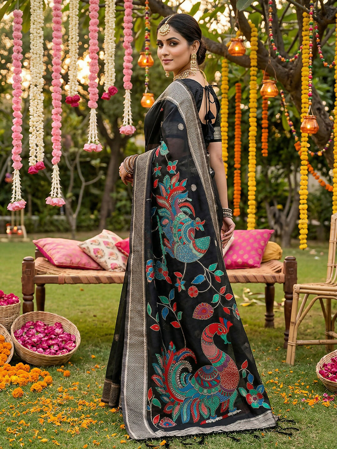 Black Linen Cotton Saree with Matching Blouse Piece