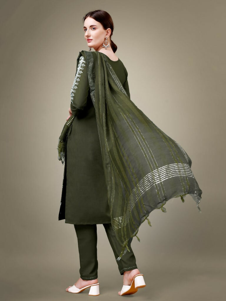 Women's Dark Green Cotton Blend Straight Kurta Set with Dupatta