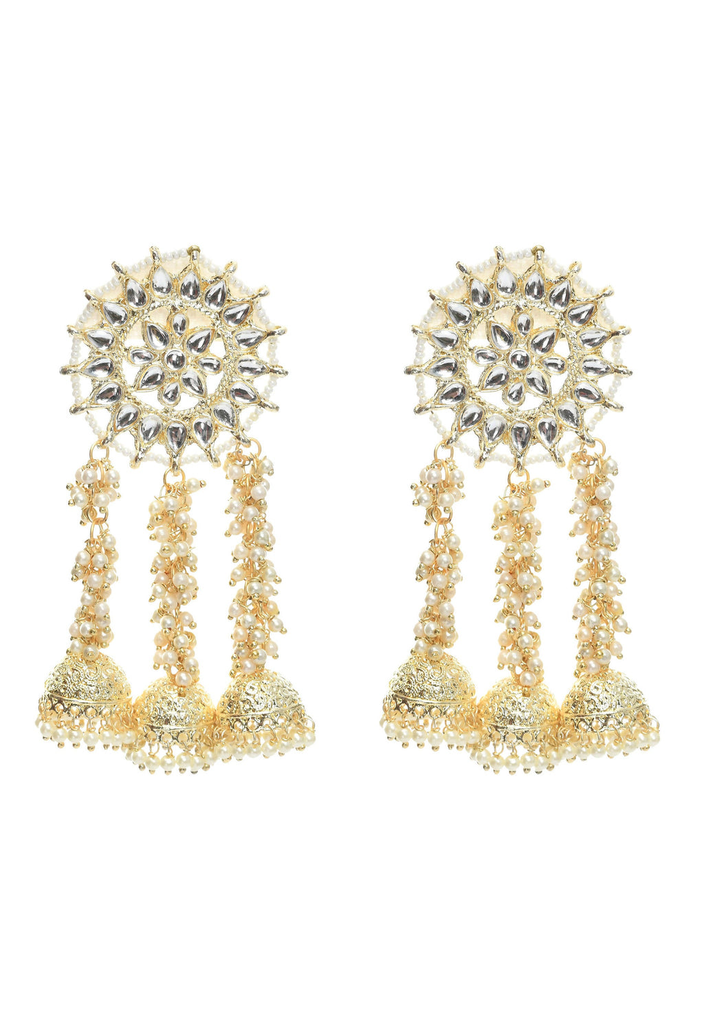 Golden plated Johar Kamal earrings with white Kundan stones and hanging pearls.